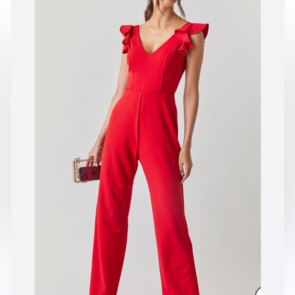 SPEECHLESS RED RUFFLE SLEEVE CROP JUMPSUIT 7 M ANTHROPOLOGIE